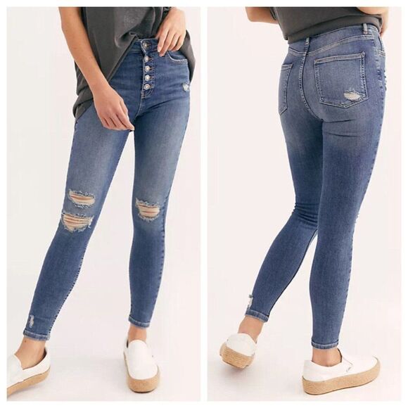 Free People We The Free Sabrina Distressed Indigo Super Skinny Jeans 28 - Picture 1 of 7
